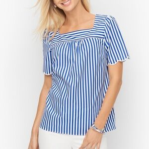 Talbots SAILBOAT STRIPE SCALLOPED SQUARE NECK TOP blue white medium cotton
